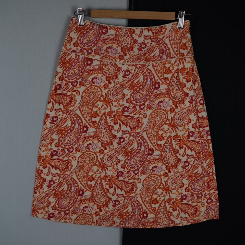 ISHYU Women's Paisley Print Cotton Skirt Size 2 Made in India A-line Orange Red